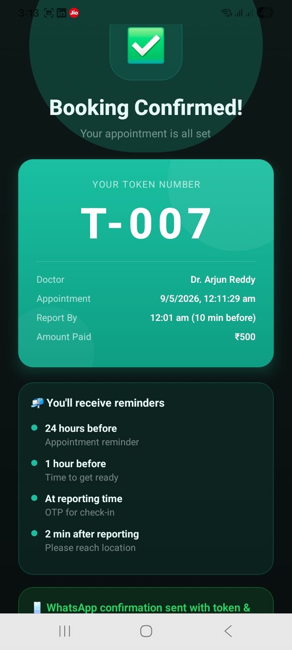 QEase patient app — booking confirmed, token T-007
