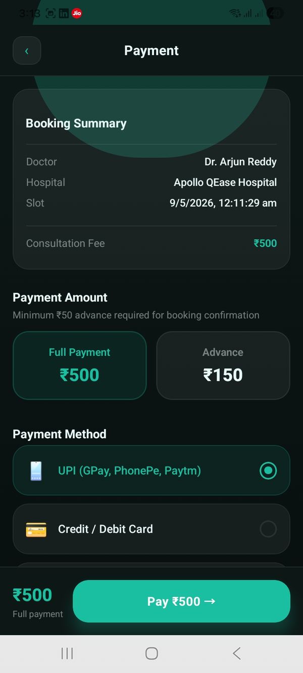 QEase app — select doctor and slot
